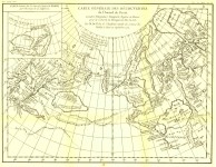 Карта создана Joseph-Nicolas De Lapos в 1752 году и показывает предполагаемые пути изучения неизвестных территорий испанским адмиралом de L'Amiral de Fonte, а так же французскими и русскими мореплавателями.